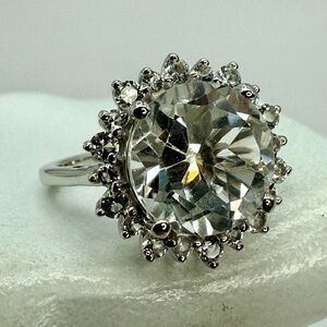 Brazilian Petalite & White Topaz Sunburst Cocktail Ring Rhodium/Sterling Silver